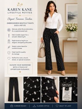 Karen Kane Petite Embroidered Bootcut Pants | Size 6 | Black Stretch Dress Pants